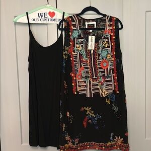 Johnny Was Black Multicolor Embroidered Sleeveless Tunic w/slip